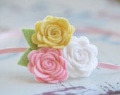 Felt Flower Headband Rose Trio in White, Pink and Yellow