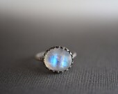 Rustic Dreamy Rainbow Moonstone Cabochon Oxidized Sterling Silver Ring Size 5.5 Ring