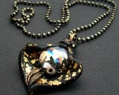 Polymer Clay Pendant Necklace Black and Gold with Glass