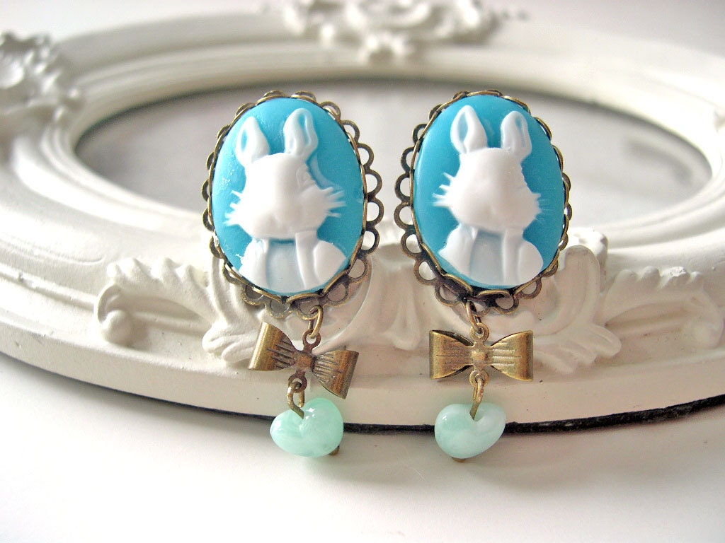 Bunny rabbit  cameo clip on  dangle earrings white aqua blue