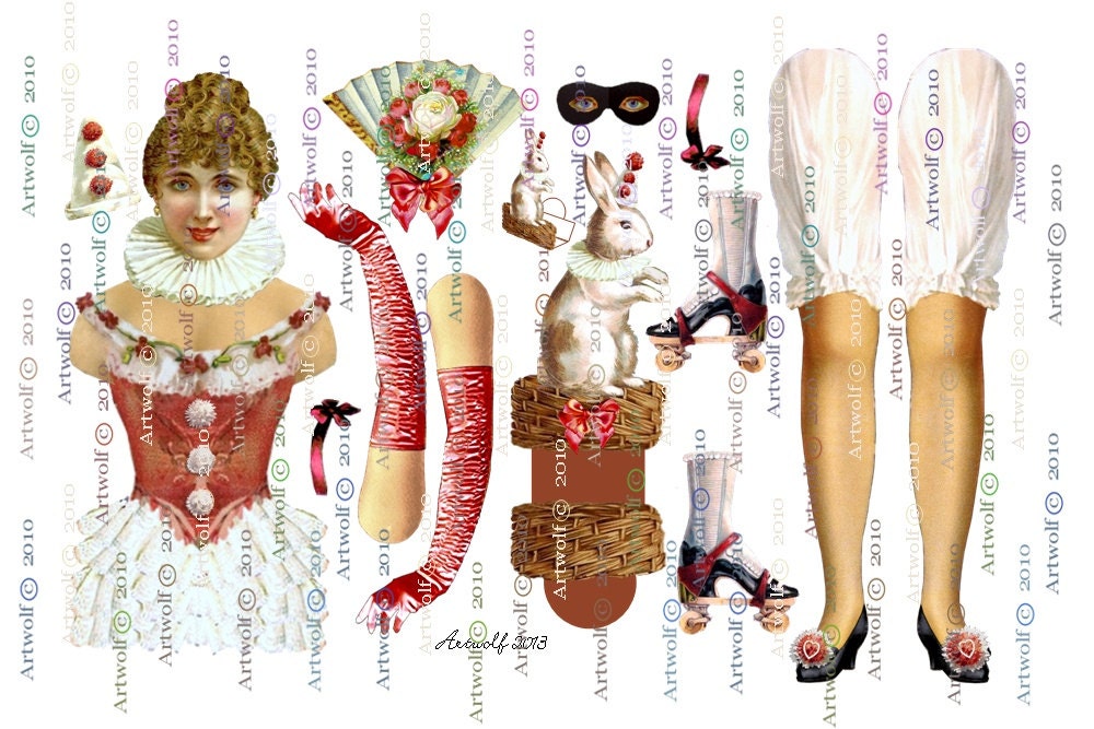 DIGITAL PAPER DOLL 2 Shts skates Circque Circus Printable pretty Paper Doll Columbine Clown Rabbits Download Papercrafts poirot Digital