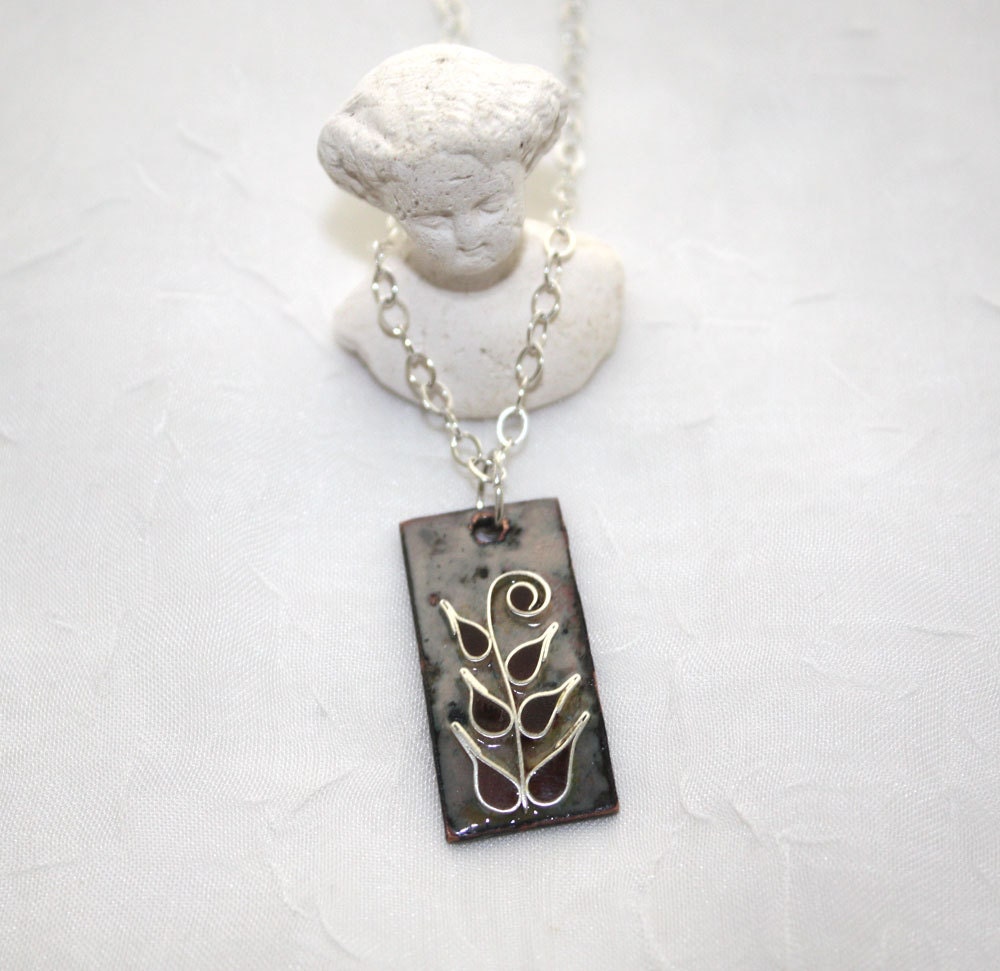Petite Rectangle Enamel Cloisonne Fern Necklace Brown Beige Blue
