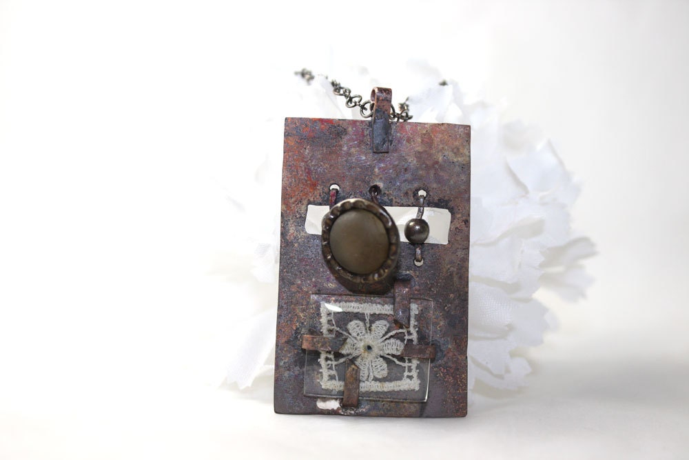 Copper Lace Mixed Media Necklace Rectangle Vintage Button