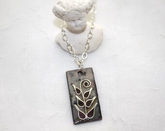 Petite Rectangle Enamel Cloisonne Fern Necklace Brown Beige Blue