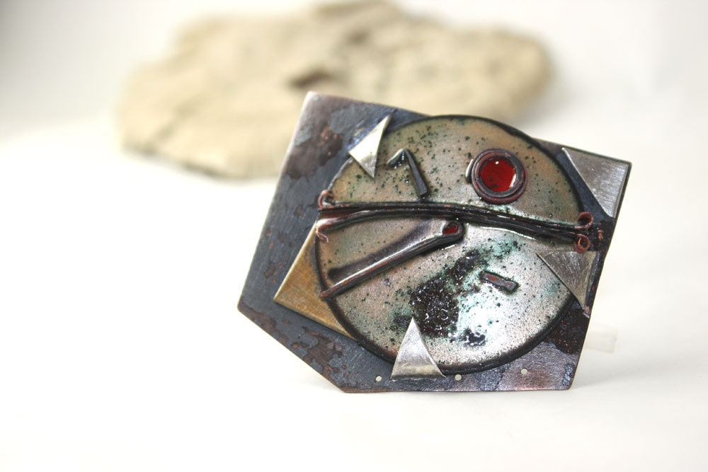 Mars Red Planet Brooch in Sterling Silver Copper and Brass Enameled