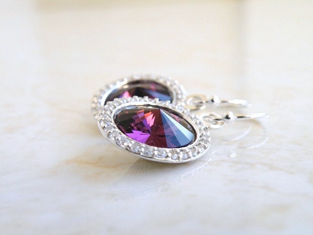 Amethyst Purple Earrings Swarovski Crystal Rivoli Sterling Silver CZ Halo Bridesmaid Jewelry Wedding Jewelry Bridal