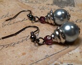 Gray Pearl Dangle Earrings, Purple Swarovski Crystal Earring Drops, Wedding Bridal Earrings, Purple and Grey Earring Dangles