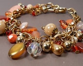 Golden Sunset Charm Bracelet, Ivory Bead Dangles, Freshwater Pearl Drops, Red and Gold Charm Bracelet, Lightweight Charm Bracelet