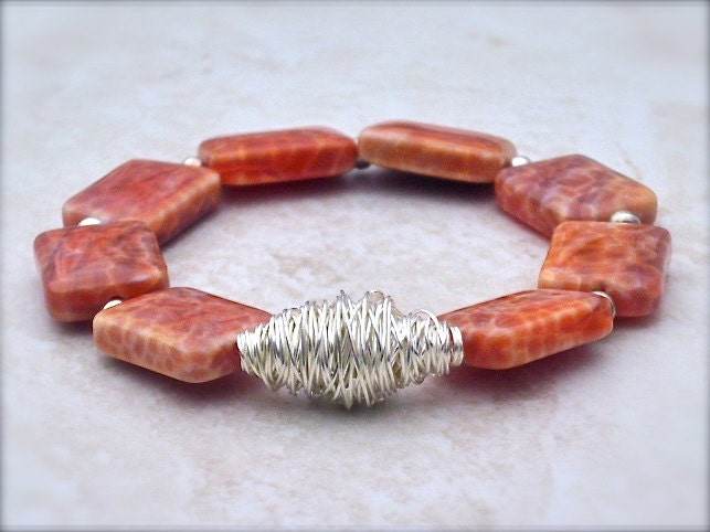orange stone bracelet, one of a kind, crab fire agate and sterling silver, stretch stack style, rectangle tablets, unique artisan jewelry