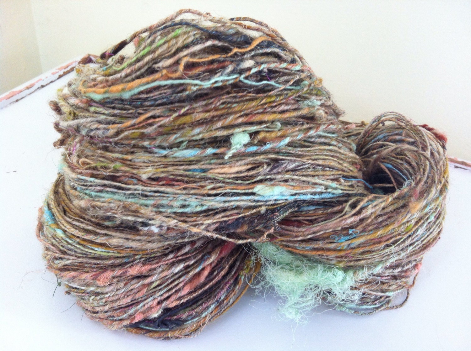 summer people mega skein : (almost) wool free w/ silk, flax, bamboo // art yarn with one giant noil cocoon