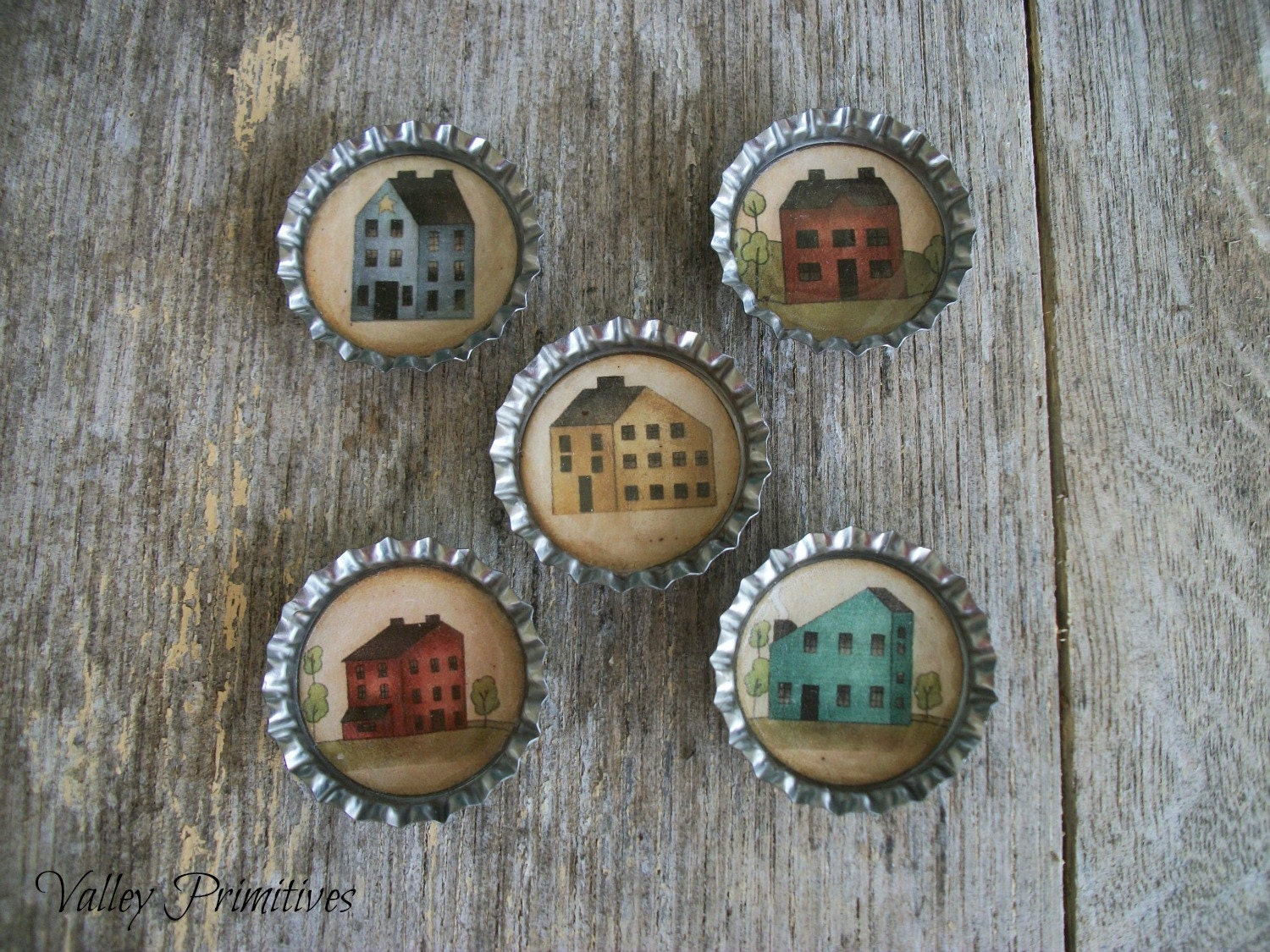 Bottle Cap Magnets - Saltbox Houses, Primitive, Set of 5
