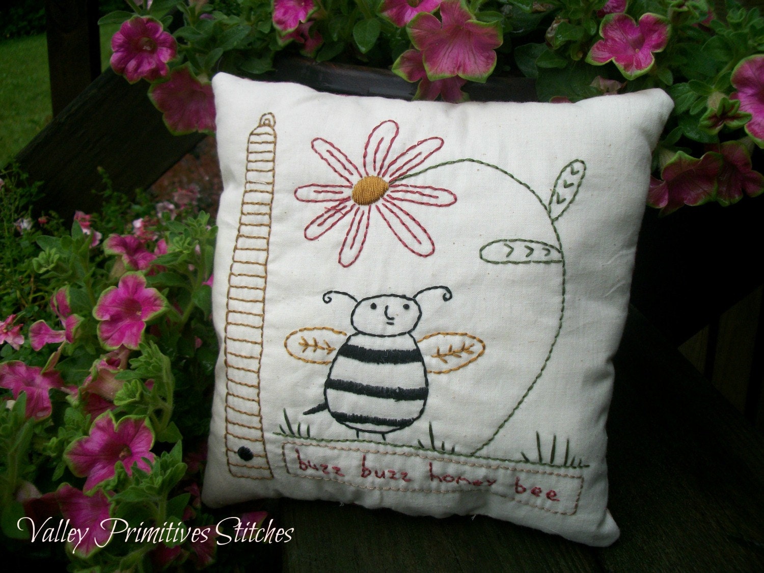Decorative Pillow,  Hand Stitched, Pillow, Daisy, Bee, Bee Hive, Honey