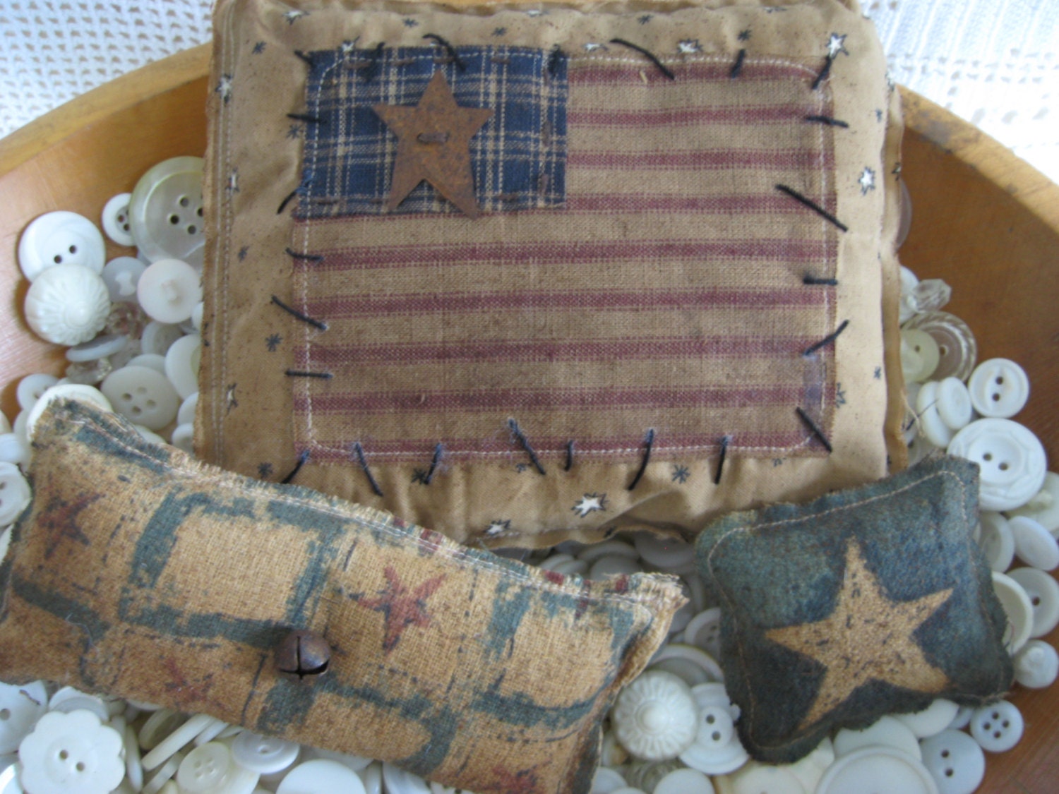 Primitive Patriotic American Flag Pillow Bowl Fillers, Set of 3 assorted shabby chic stars and stripes make Do Ornies, 4th of July, GRP7