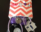 chevron NURSE PURSE medical case, stethoscope and BP cuff - shown in coral and white (medical pouch, pockets for penlight and tools)