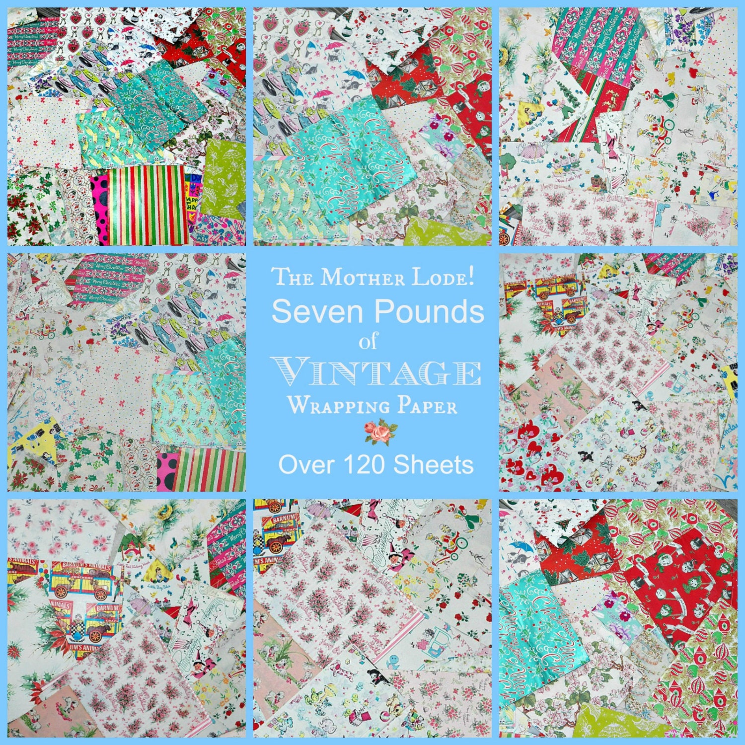 7 Pounds Vintage Folded WRAPPING PAPER 1940s - 70s - The Mother Lode of Flat Folded Paper