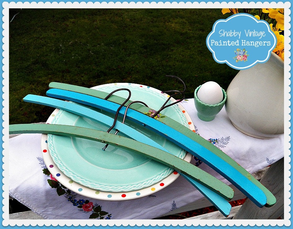 Set of 4 1940s Shabby Vintage Painted ROBINS EGG BLUE - Jadite Green  Wooden Hangers