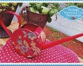 Shabby Sweet CHERRY RED Old Watering Can with Decoupaged Rose Wallpaper - Done up Decades Ago