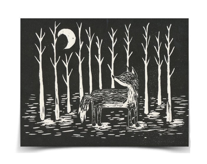 Moonlit Fox - ORIGINAL 5 of 20 - Hand-carved hand-pulled matted linocut print