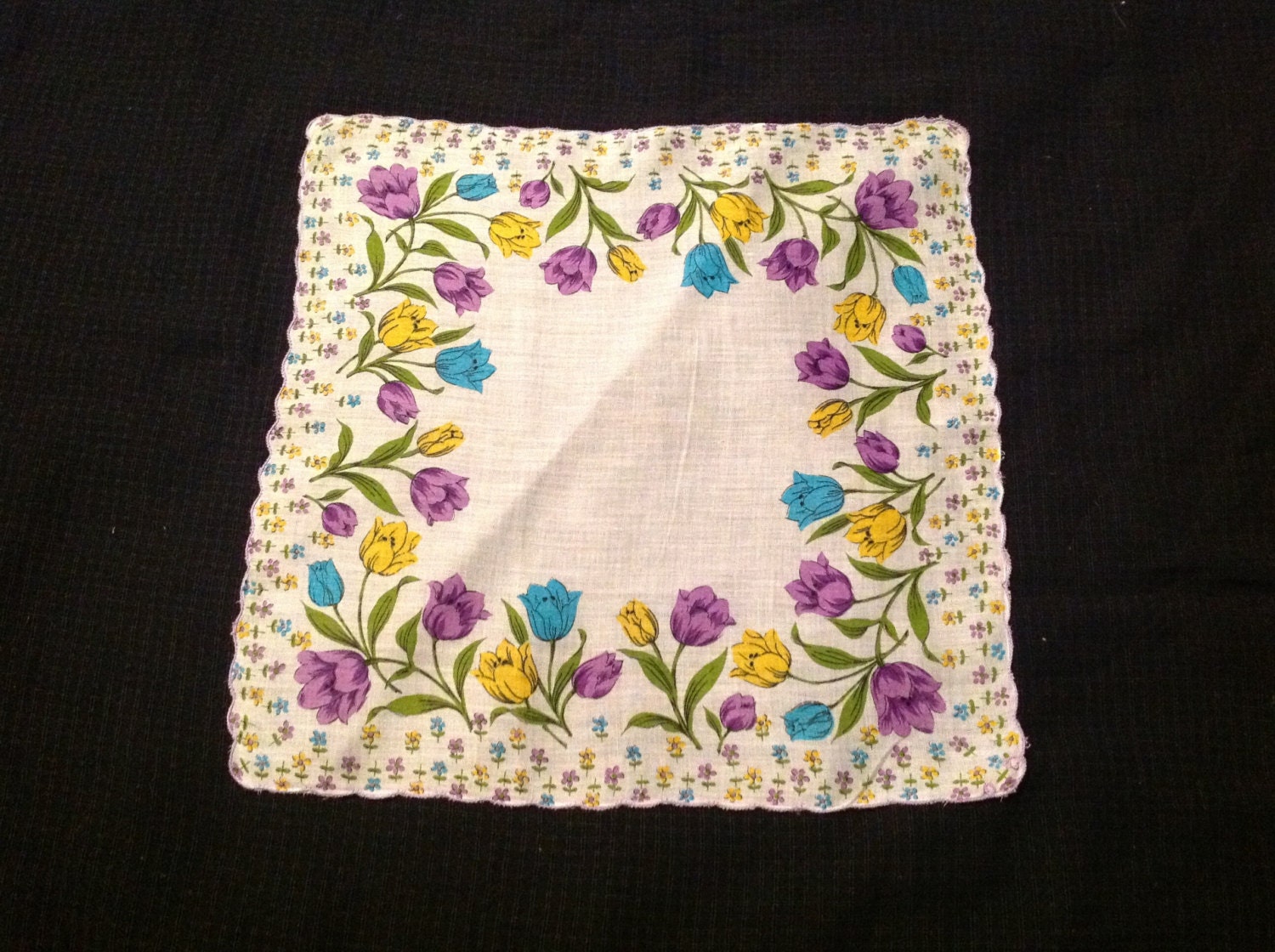Vintage Hankie White Handkerchief with Purple, Yellow, and Aqua Flowers