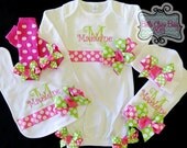 Newborn Layette Set for baby girls- Personalized hot pink and lime Custom Order Polka Dot Bows- Gown, Burp Cloth, Beanie, Bib, Leg warmers