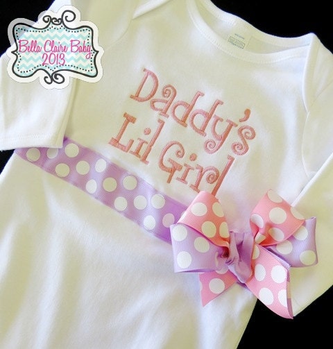 Newborn Layette Gown for baby girls- Personalized light pink and lavender Custom Order Polka Dot Bows