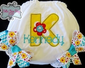 Daisy Spring Initial Bloomers for baby girls toddler- Personalized diaper cover Custom Order-black Turquoise red Yellow chevron