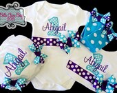 Personalized set bodysuit, leg warmers, bib, and bloomers  for  baby girls toddler Initial Number Embroidery Custom Order