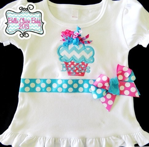 Chevron Big Sister Cupcake Shirt for girls Custom Order- hot pink turquoise Polka Dot Bows