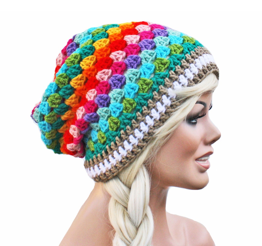 Crochet Slouch Rainbow Beanie - Granny Stitch Beanie Hat