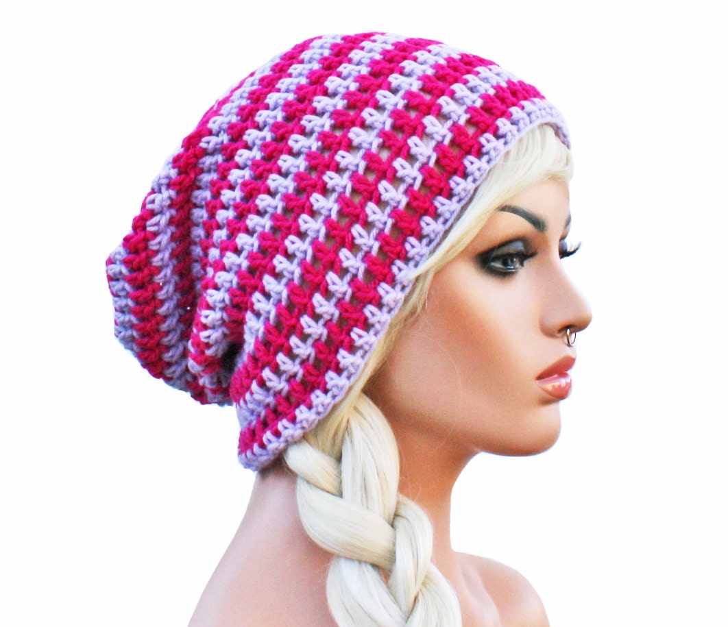 Pink Purple Crochet Slouch Beanie- Ultimate Slacker Striped Beanie Hat- Striped