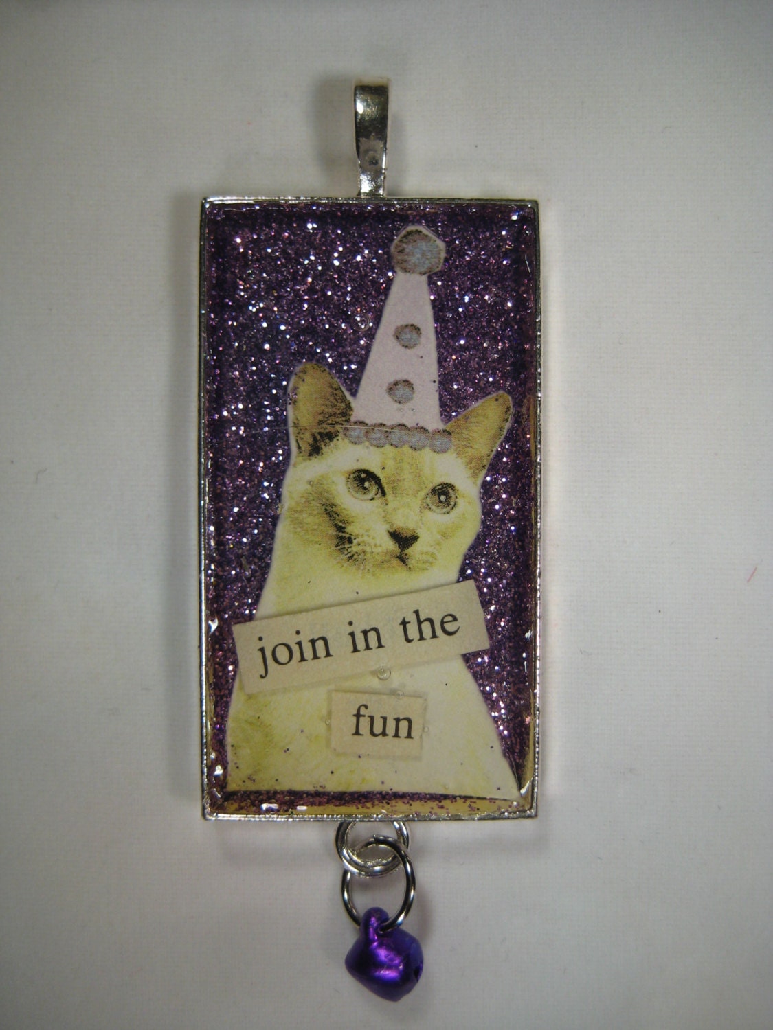 Siamese Cat Pendant, "Join in the fun" kitty in party hat, purple glittering cat pendant