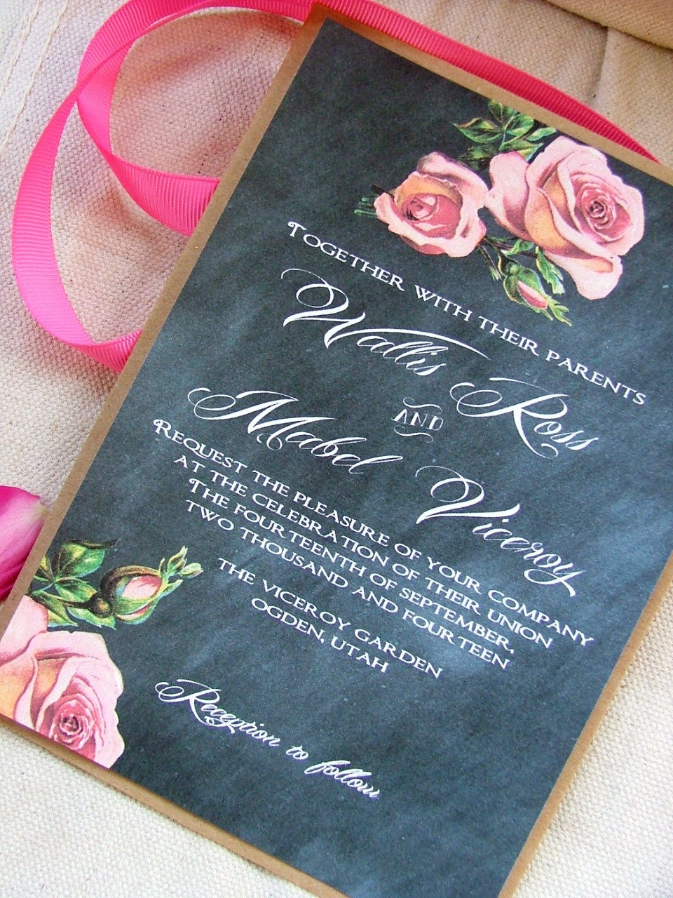 Chalkboard and peach wedding invitation - downton abbey style