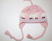 Knit Newborn Hat for Baby EarFlap Cap Cotton Vintage Sheep Soft Pink with Offwhite and Black Lambs