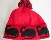 Red Knit Man Hat Black Dinosaur with Speckled Pom Pom Beanie Style