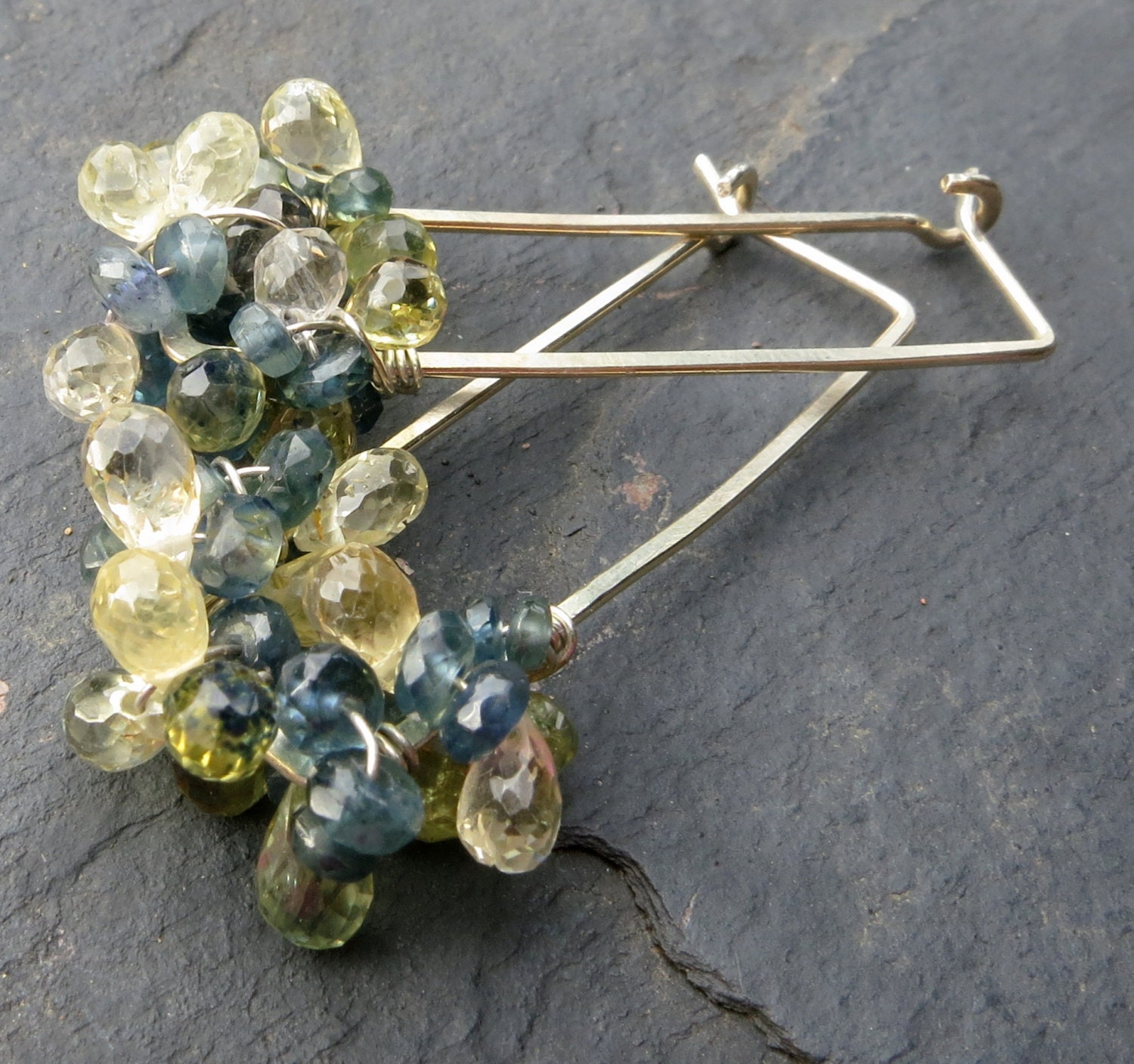 Blue sapphire hoop earrings yellow sapphires sterling silver geometric rectangle modern spring colors gemstone jewelry -Daubigny's Garden-
