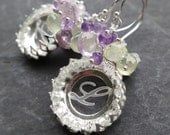 Vintage glass monogram earrings sterling silver amethyst personalized initial gemstone jewelry crown setting cluster dangle -Romantica-