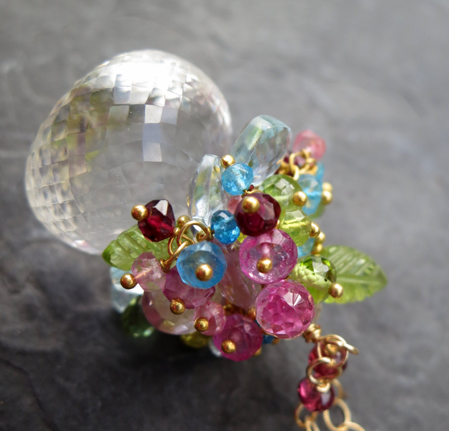 Gemstone necklace pink sapphire blue topaz 14k gold fill peridot aquamarine garnet fairy garden party summer bride jewelry pendant