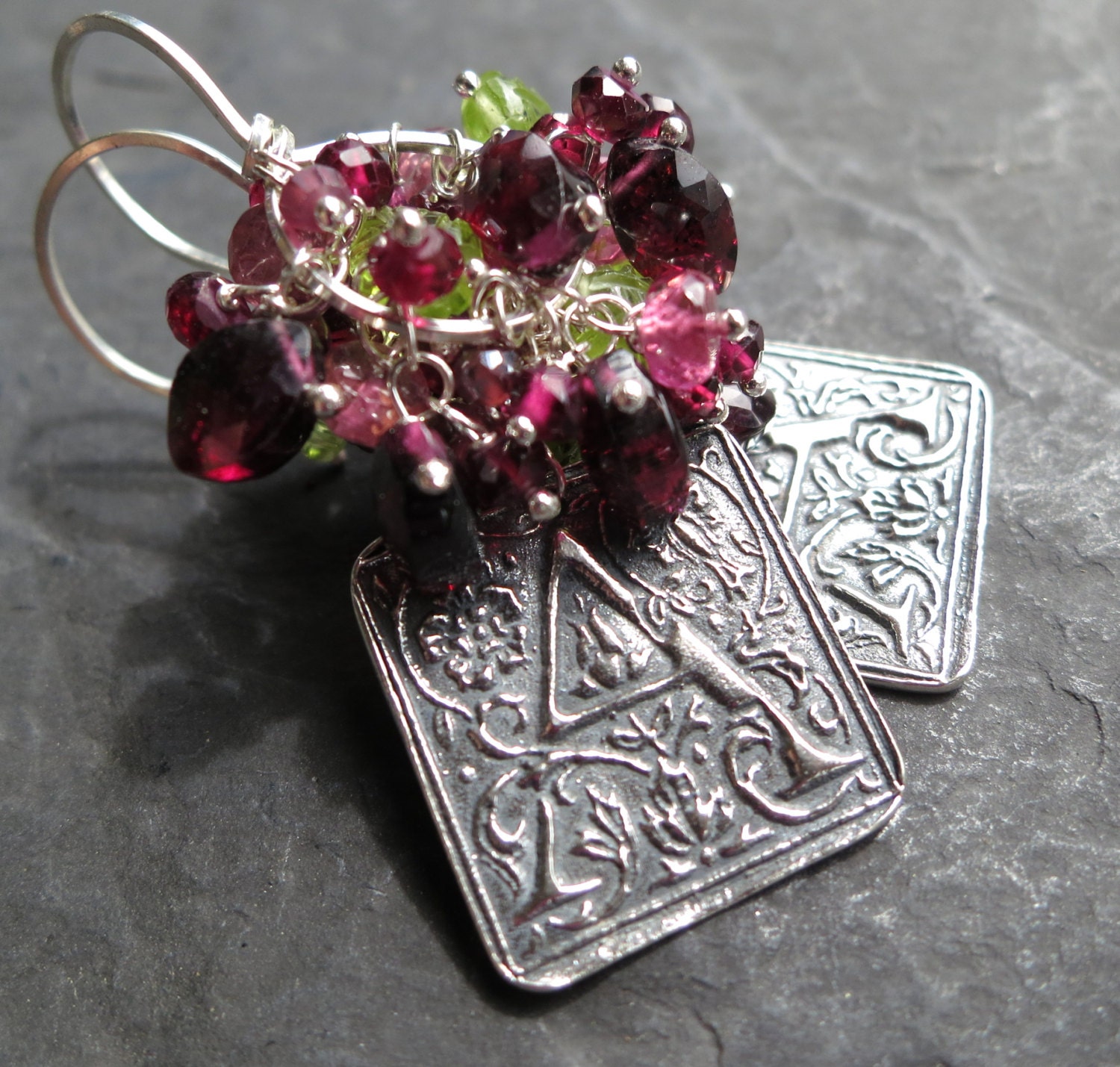 Sterling silver wax seal earrings monogram initial A personalized signet gemstone jewelry cluster dangle letter garnet peridot -FairyTale-