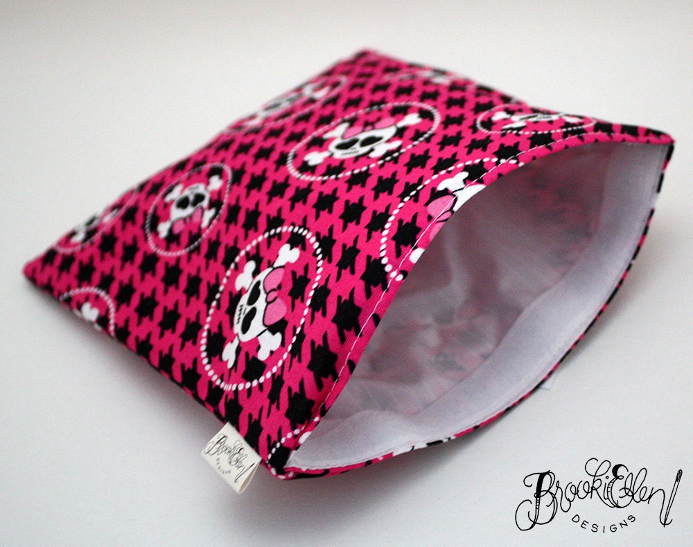 Hot Pink Skully Houndstooth Reusable Sandwich Baggie READY TO SHIP