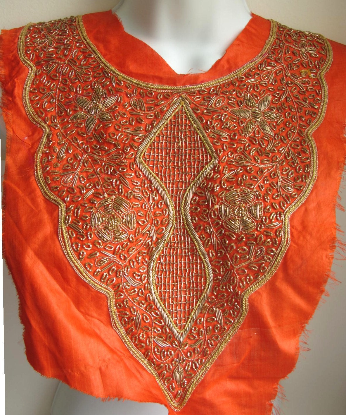 Mughal silk embroidery  vintage applique bib yoke or bodice front, gold on orange. Gold bullion. Micro soutache