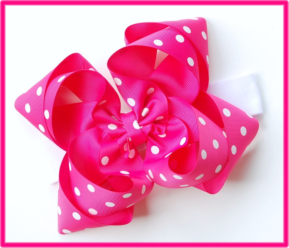 boutique double layered BIG shocking PINK DOTS hair bow on a headband