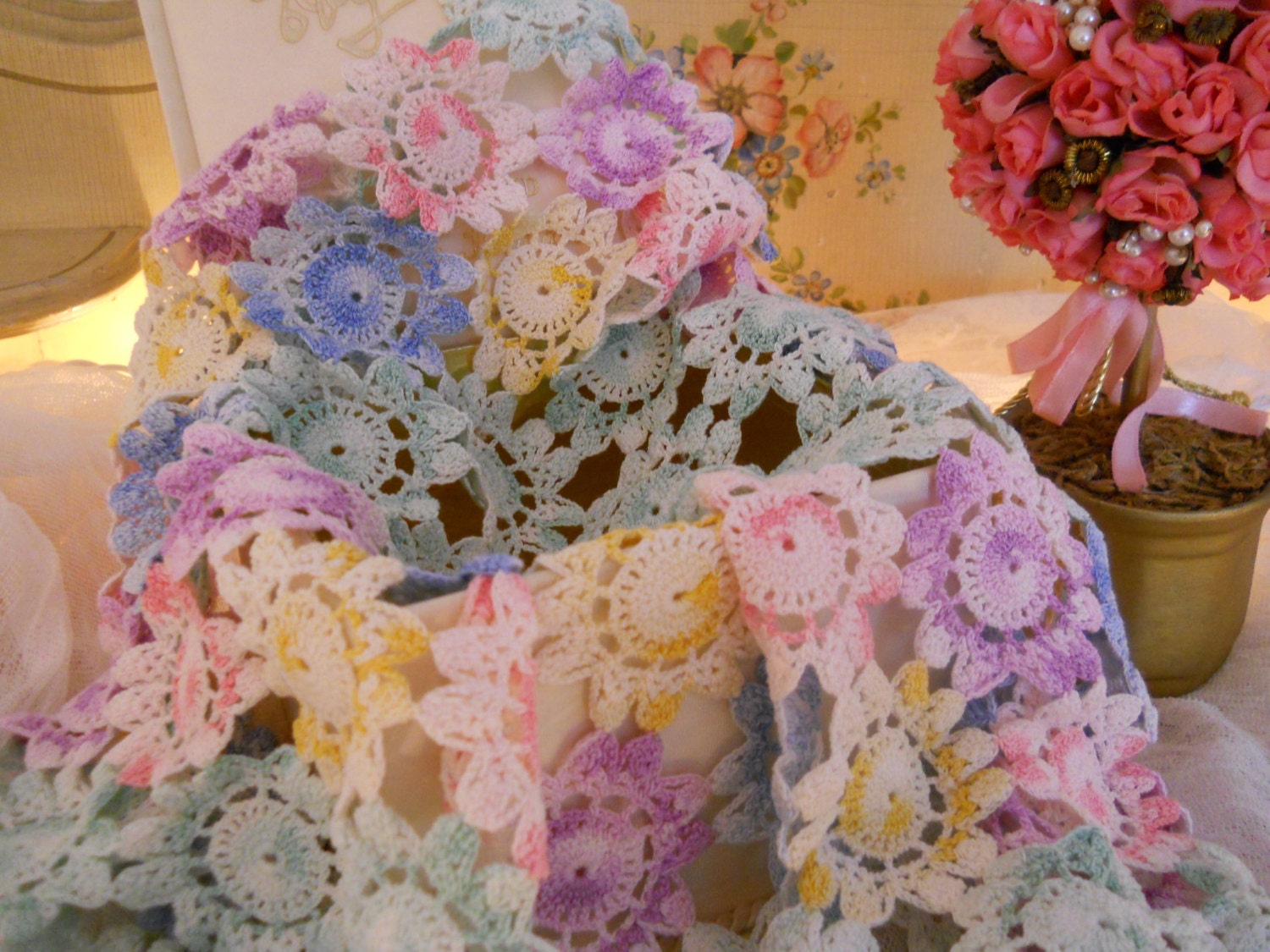 vintage hand crochet lace doily, shabby cottage colors, pink, lavender, yellow, green, blue. large, floral pattern