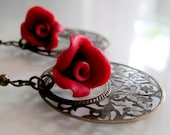 Maroon Rose Filigree Earrings - Polymer Clay