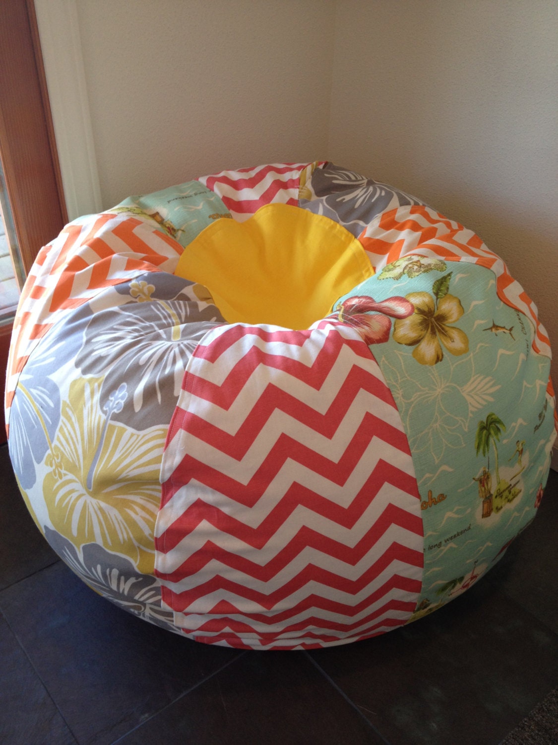 New Surfer Girl Hawaiian beach bean bag chair with bright chevrons and hibiscus prints