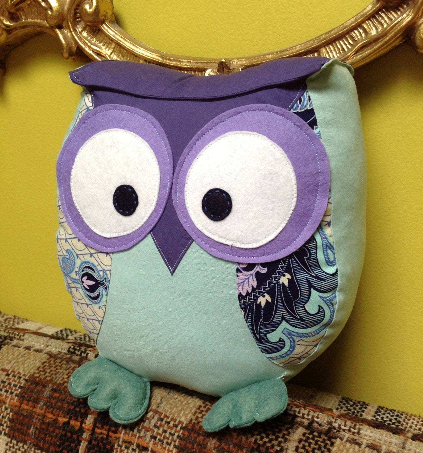 Chubby owl pillow in shades of purple and mint