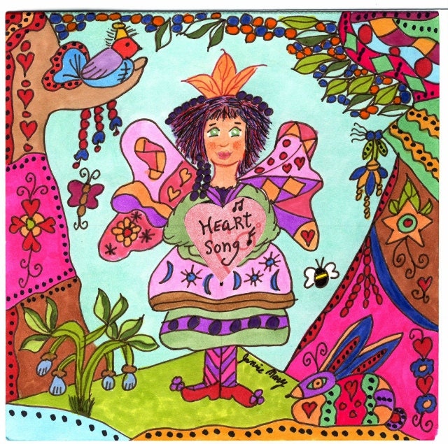 Fairy Whimsical Folk Art Print "Heart Song", Fantasy, Fairytale, Enchanted, Vibrant, Colorful. Flowers, Retro, Butterfly, Bird