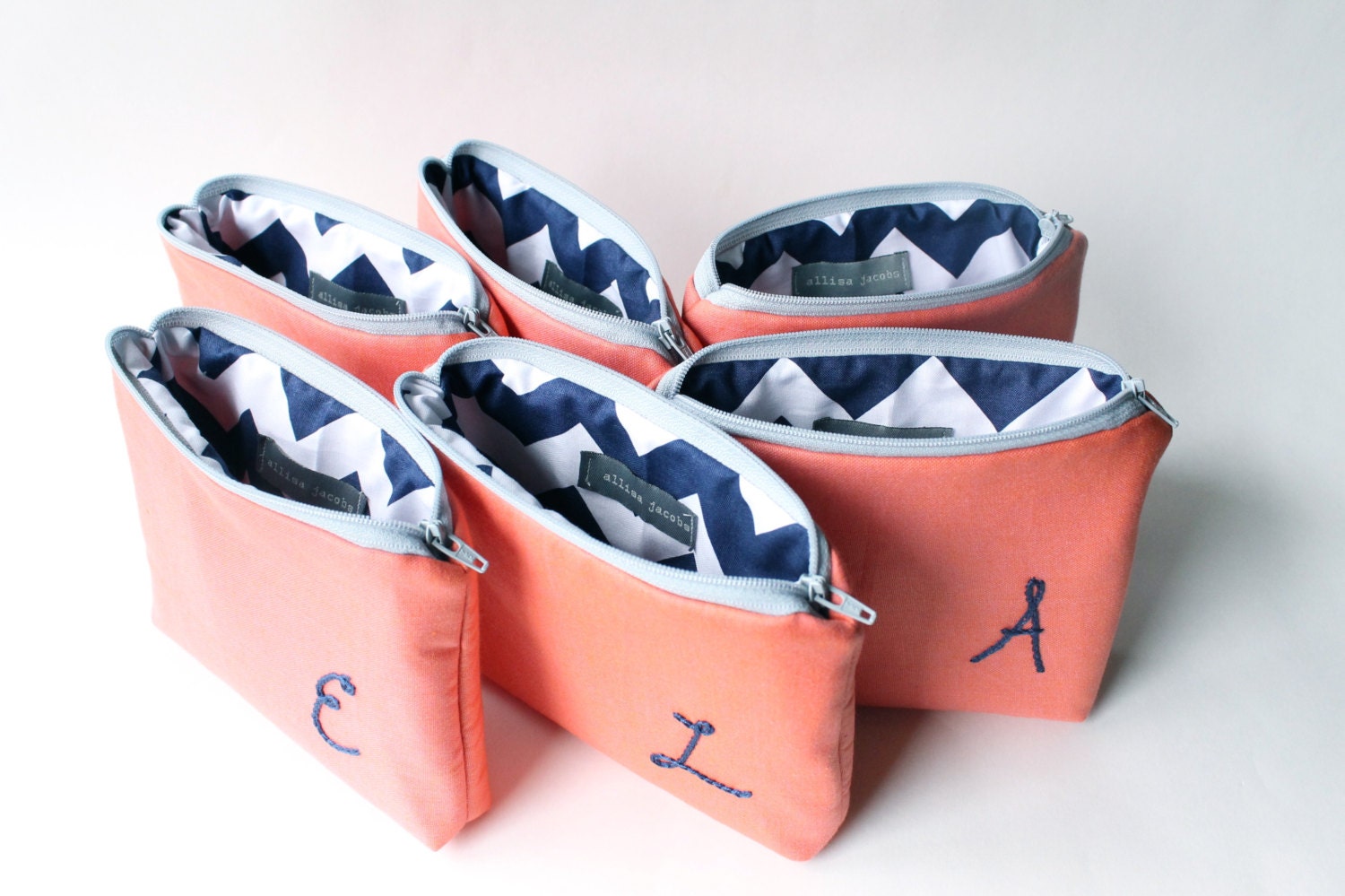 Personalized Cosmetic Bag Set of 5, Monogrammed Clutch, Bridesmaid Gift,  Custom Embroidery, Choose Colors, Navy Blue Coral Pink