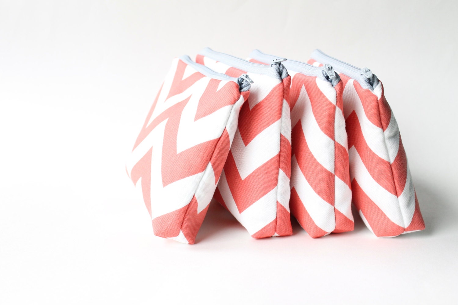 Cosmetic Bag Set, Bridesmaid Gift, Coral Chevron, Clutch Purse, Make Up Bag, Set of 4, Aqua, Grey, Purple