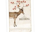 Deer, Woodland, Dreaming, Art Print, Giclee, Red Berries, Robin, Winter, Christmas, Original Artwork