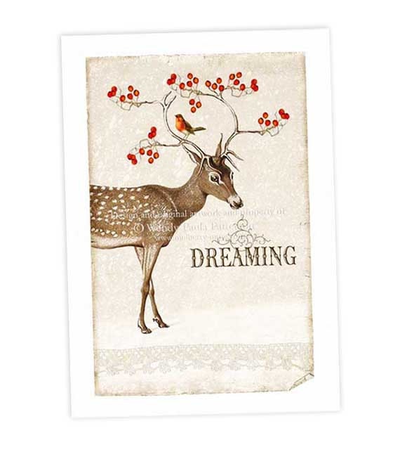 Deer, Woodland, Dreaming, Art Print, Giclee, Red Berries, Robin, Winter, Christmas, Original Artwork